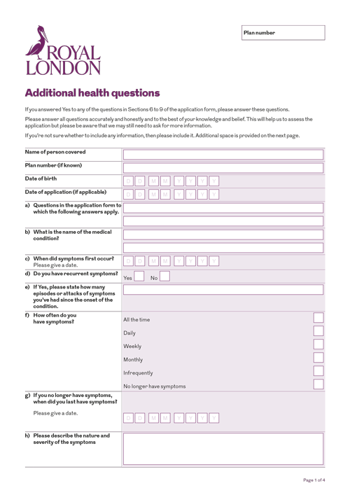 Front page of Royal London's "Additional health questions" document