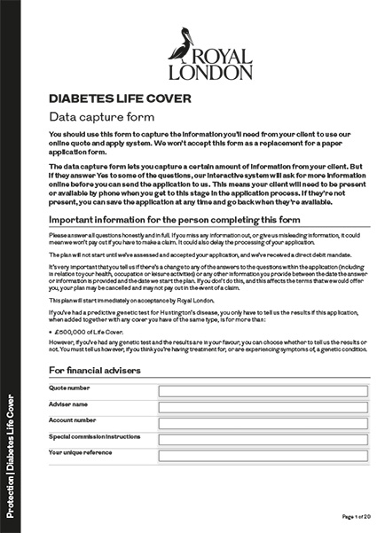 Front page of Royal London's "Diabetes Life Cover Data capture form" document