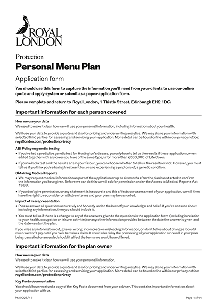 Front page of Royal London's "Personal Menu plan application form" document