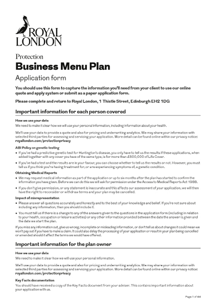 Front page of Royal London's "Business Menu Plan application form" document