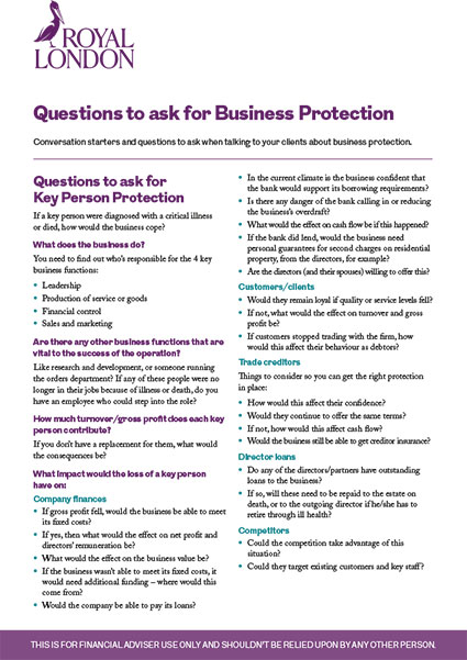 Front page of Royal London's "Client conversation starters: Questions to ask for business protection cover" document