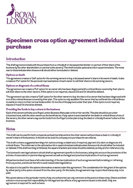 Front page of Royal London's "Specimen Cross Option Agreement - Individual purchase" document