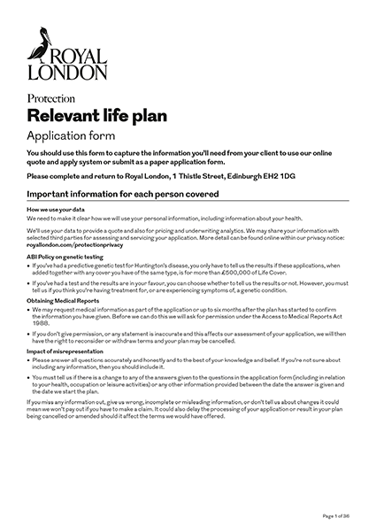 Front page of Royal London's "Relevant Life Plan application form" document