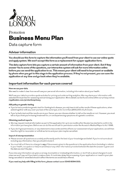 Front page of Royal London's "Business Menu Plan data capture form" document