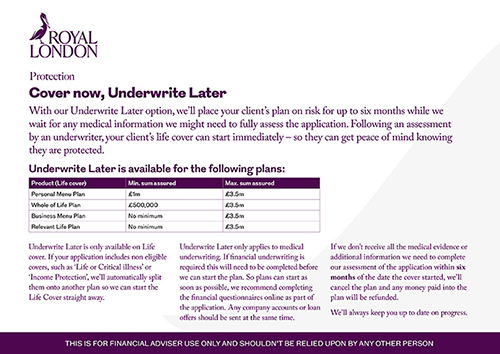 Front page of Royal London's "Cover now, underwrite later" document