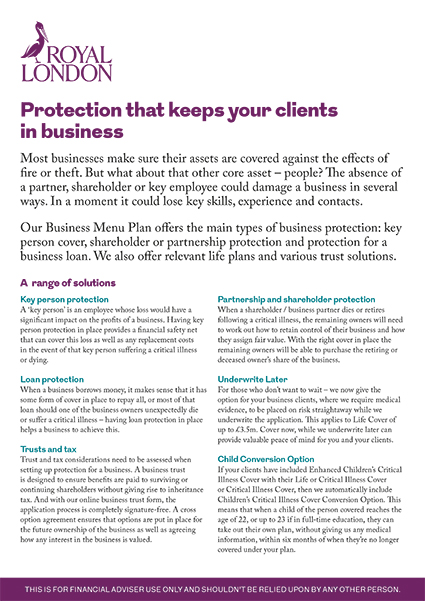 Front page of Royal London's "Protection that keeps your clients in business: Why choose us for Business Protection" document